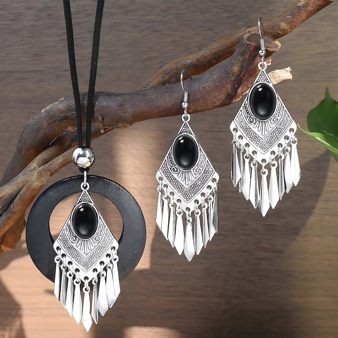 Retro Silver Geometric Tassel Jewelry Set Women –Ethnic Black Stone Necklace 687