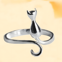Silver-Tone Plated Copper Alloy Cat Wrap Ring Adjustable Open Band, Minimal 862