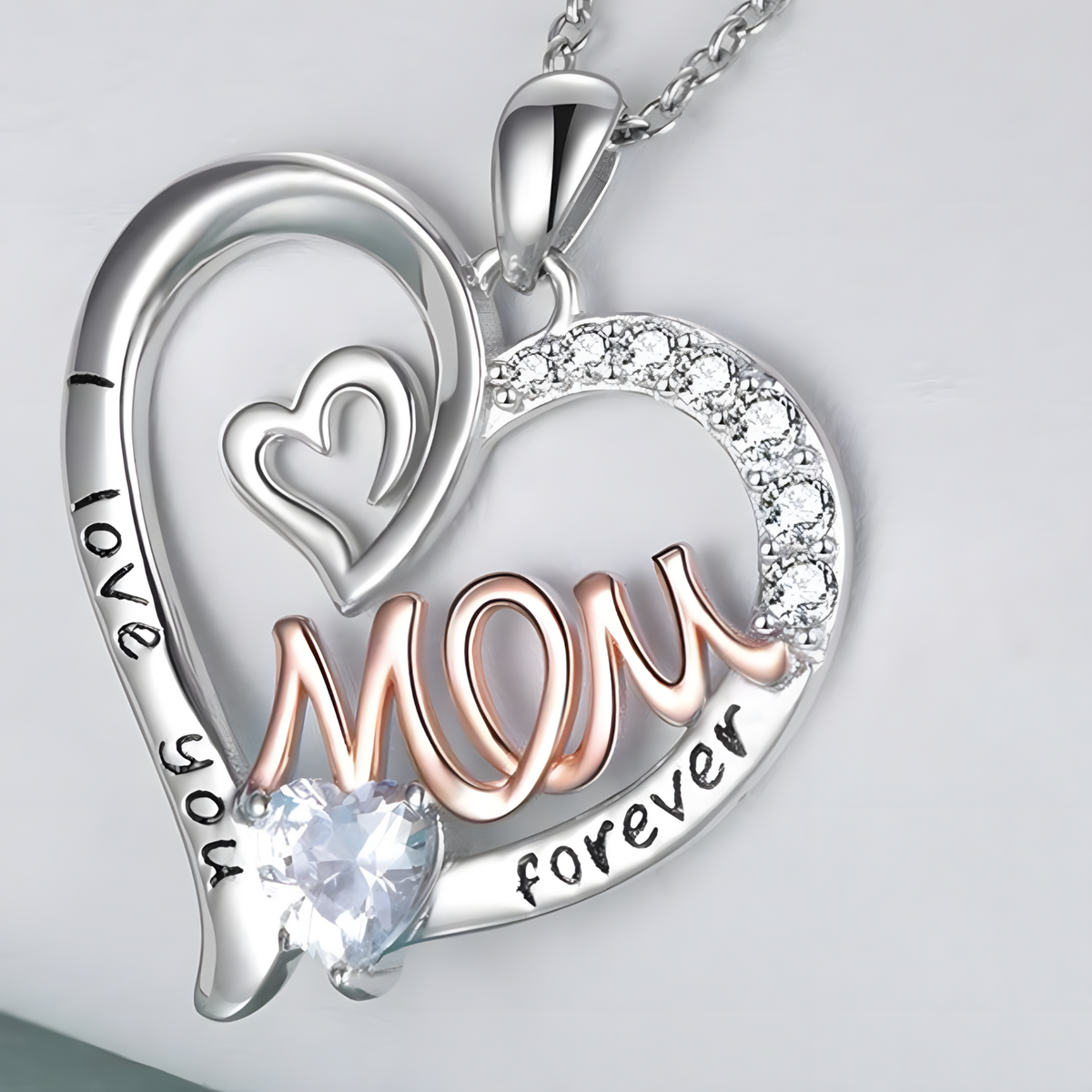 Mom Heart Pendant Necklace Women – Copper Alloy with Silver-Tone & RoseGold 1151