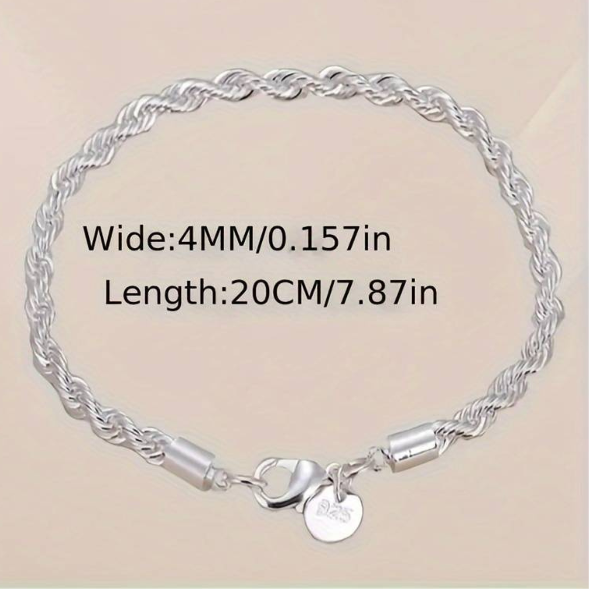 925 Sterling Silver 4MM Rope Chain Bracelet with Heart Charm, 20CM Length 150
