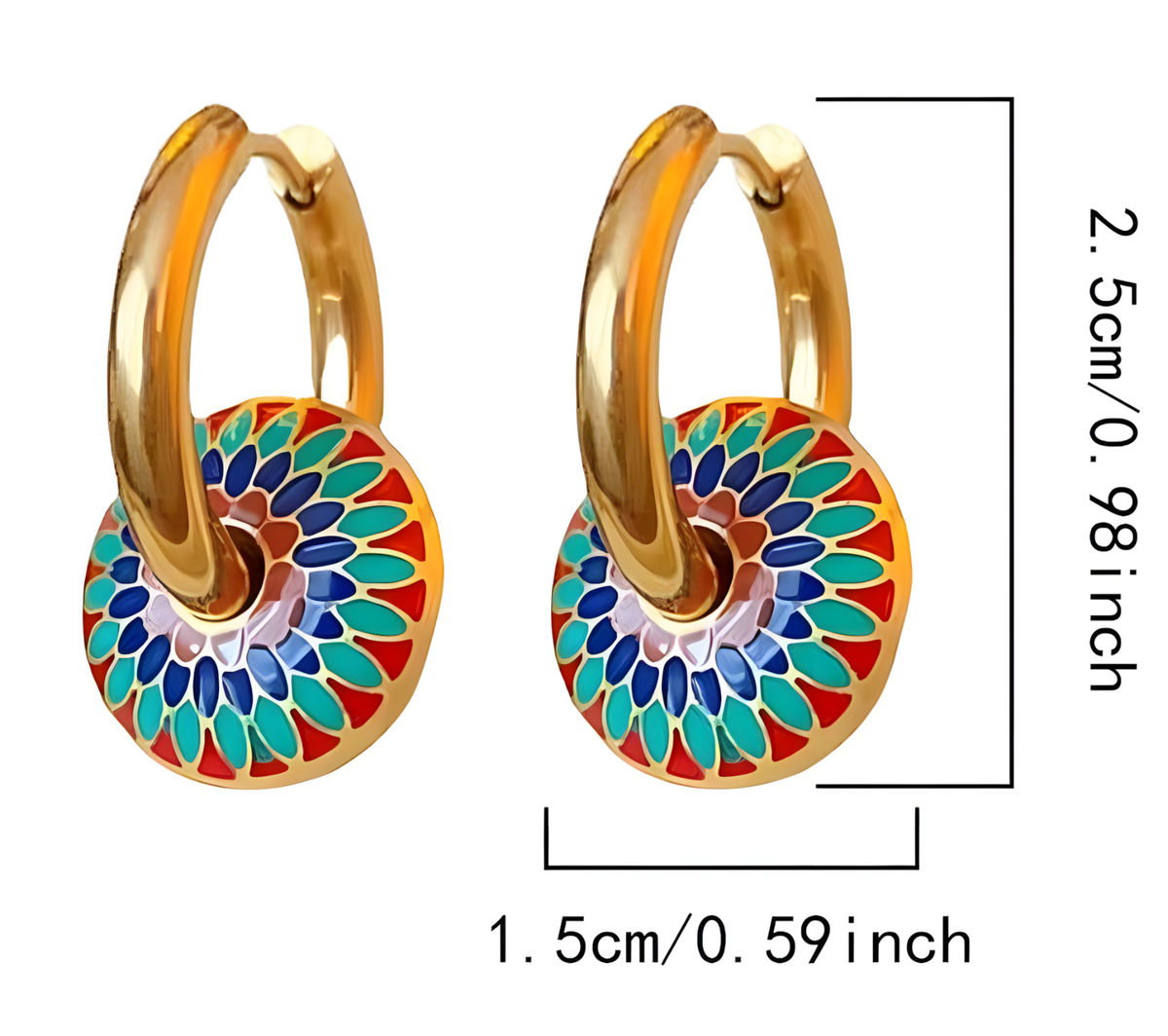 Gold Tone Painted Chrysanthemum Necklace and Hoop Earrings Set, Colourful 1725