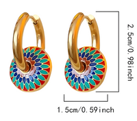 Gold Tone Painted Chrysanthemum Necklace and Hoop Earrings Set, Colourful 1725