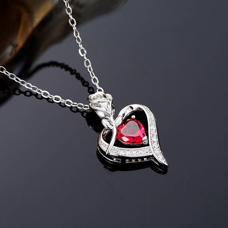 925 Silver Plated Elegant Rose Zircon Heart Hollow Ruby Pendant Necklace 22 UK