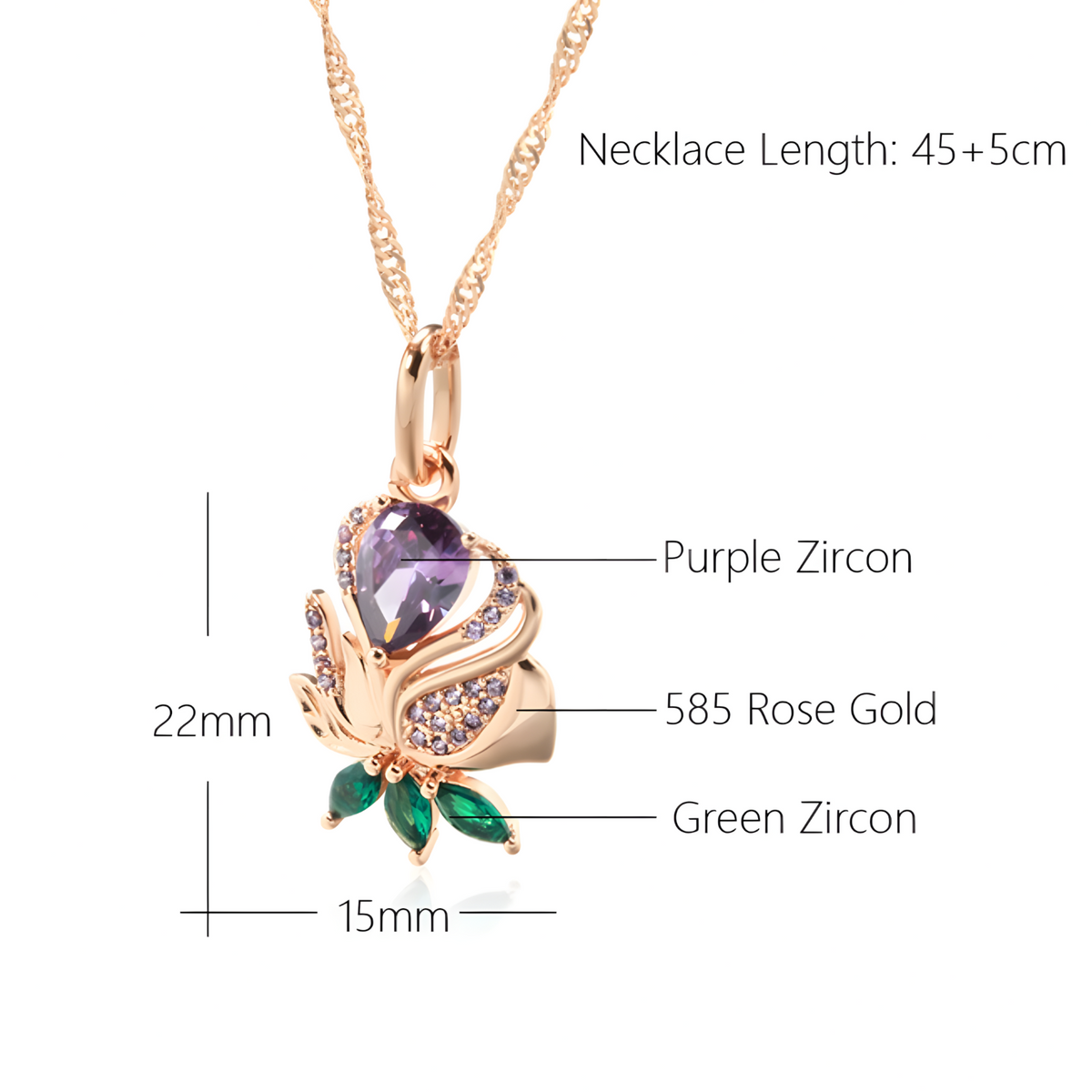 Rose Gold Plated Copper Pendant Necklace for Women with Purple Zircon Heart 1259