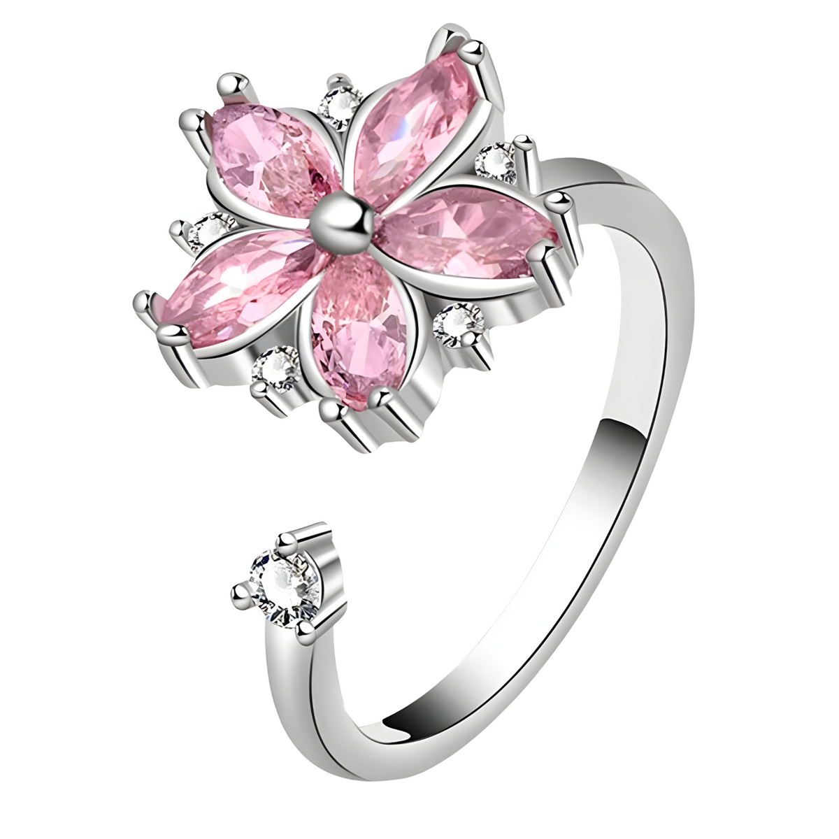 925 Sterling Silver Pink Zircon Rotatable Flower Adjustable Ring Spinning 365