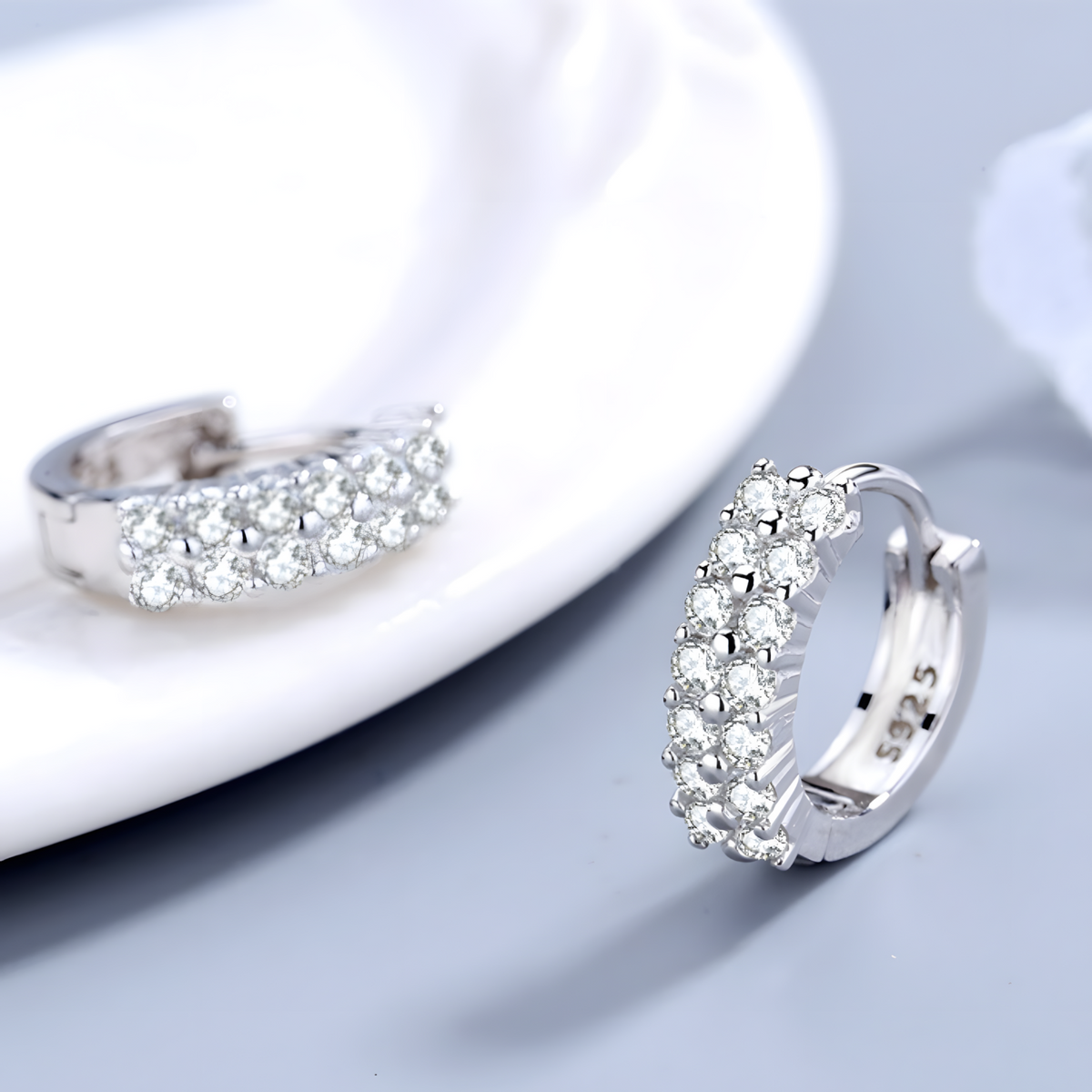 925 Silver-Plated Alloy Double-Row Zircon Huggie Hoop Earrings for Women 860