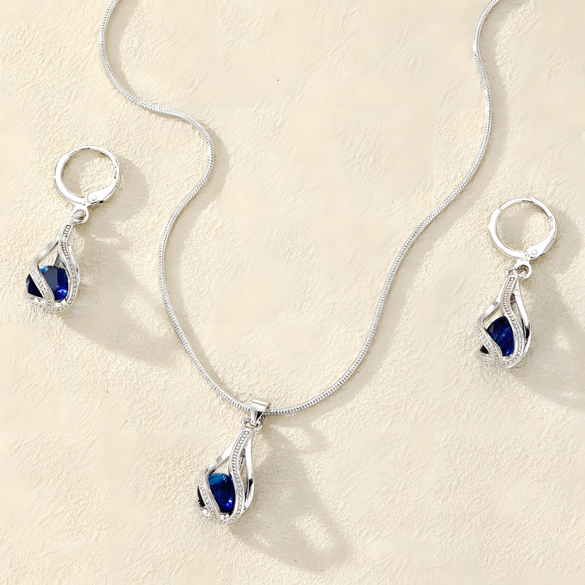 Blue Crystal Teardrop Jewellery Set Women, Silver Tone Water Drop Pendant 1718