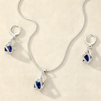 Blue Crystal Teardrop Jewellery Set Women, Silver Tone Water Drop Pendant 1718