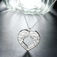 Angel Wing Heart Pendant Necklace, Silver Colour Link Chain, Love Charm 1796
