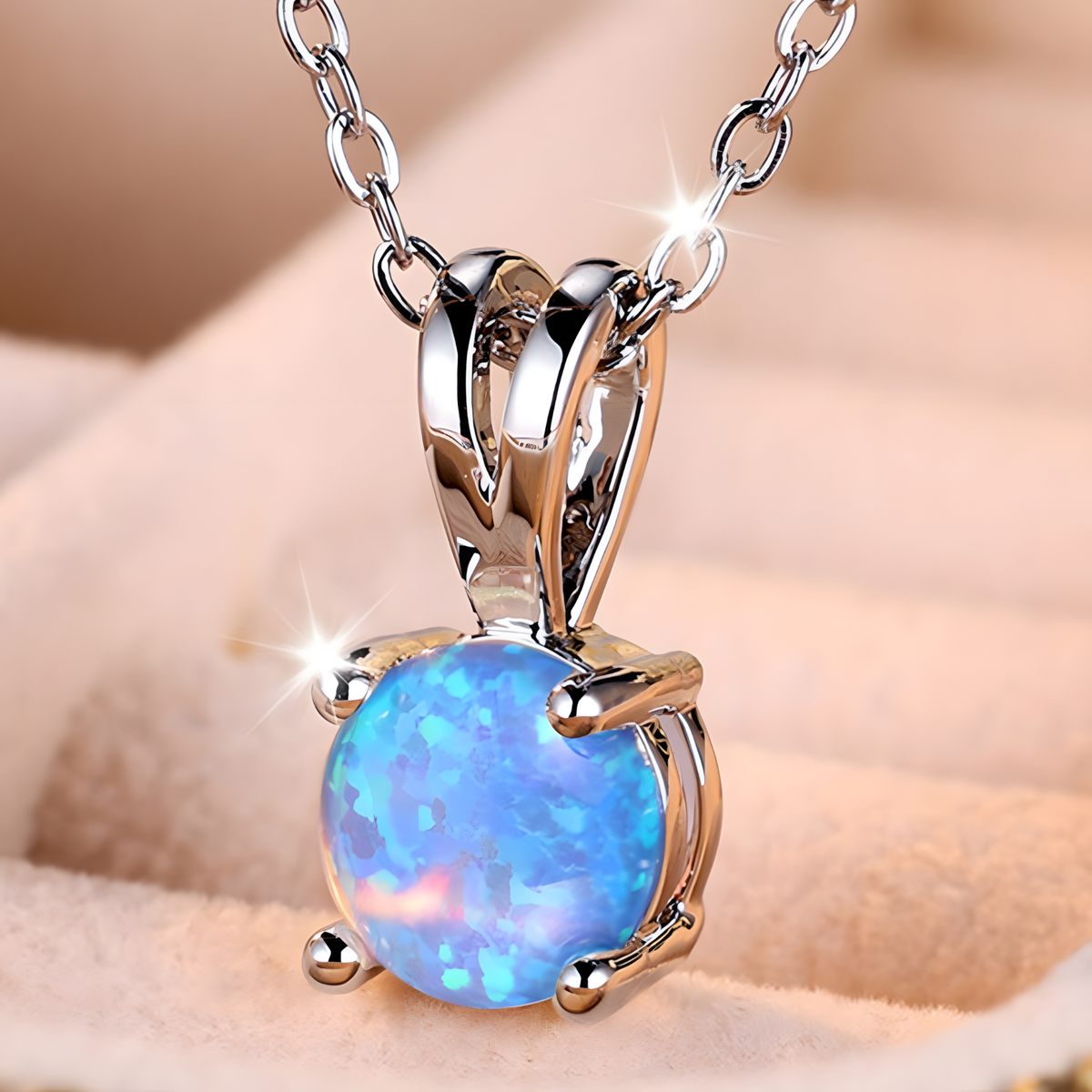 Blue Fire Opal Stone Pendant Necklace for Women | Cute Small Round Vintage B177