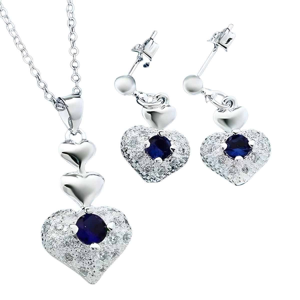 Silver Plated Copper Alloy Heart Jewellery Set For Women, Blue Rhinestone 1706