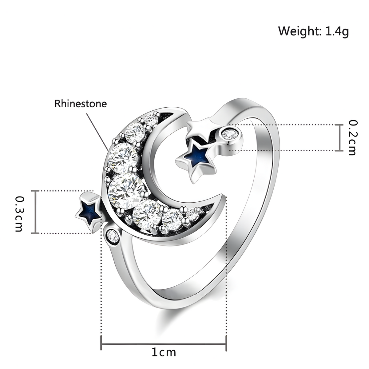 925 Sterling Silver Moon and Star Adjustable Ring Rhinestone Celestial Ring 367