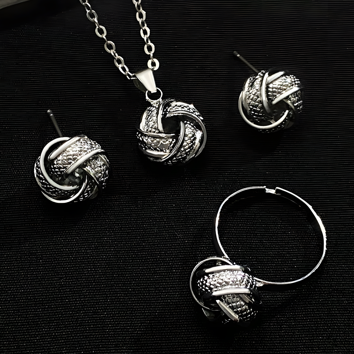 Twisted Knot Jewellery Set For Women, Silver Tone Pendant Necklace Stud 1717