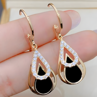 Gold Water Drop Dangle Earring Women–Zinc Alloy Teardrop Design Black Stone 1147