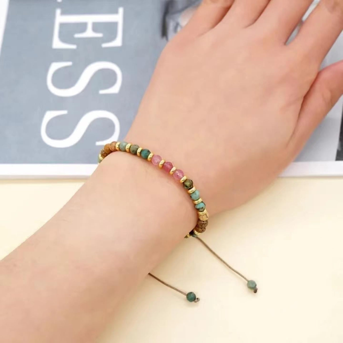 Multi-Colored Semi-Precious Stone Bracelet Women; Adjustable Macrame Rope 656