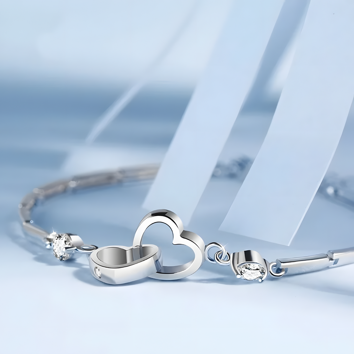 Double Heart Bracelet For Women - Sparkle Stone Charm, Adjustable Bar Link 1792