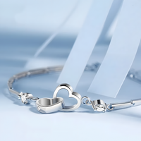 Double Heart Bracelet For Women - Sparkle Stone Charm, Adjustable Bar Link 1792