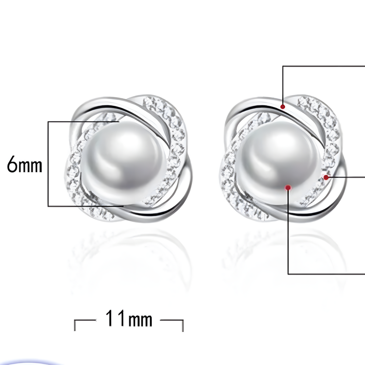 925 Silver-Plated Pearl & Crystal Stud Earrings for Women Elegant Round 11mm 899