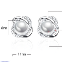 925 Silver-Plated Pearl & Crystal Stud Earrings for Women Elegant Round 11mm 899