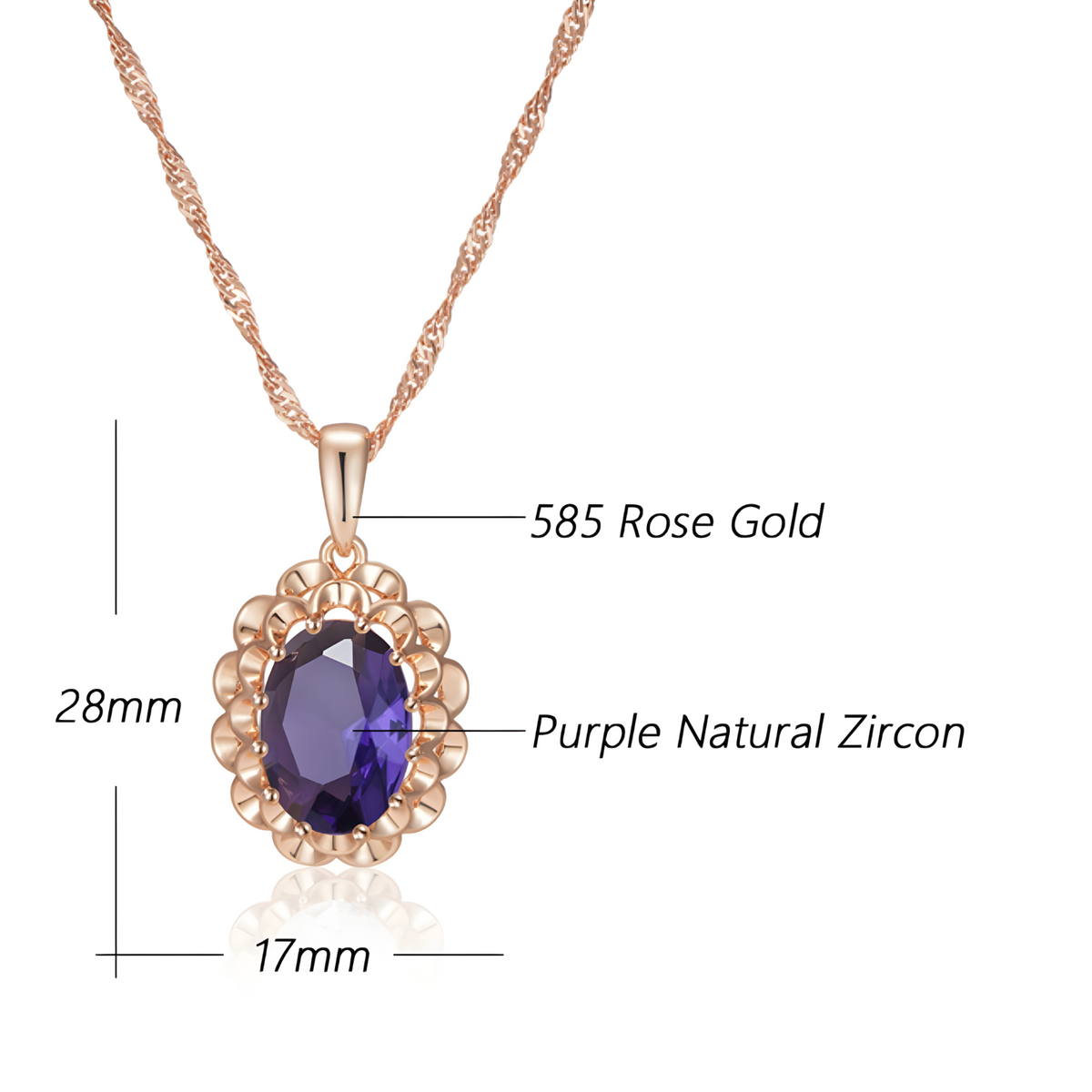Purple Natural Zircon Pendant Necklace for Women, Copper Alloy Rose Gold 1294