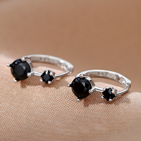 925 Silver-Plated Black Zircon Hoop Earrings for Women Geometric Dual Stone 921