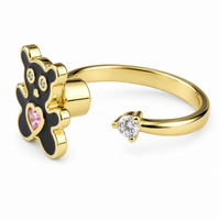 Teddy Bear Adjustable Open Ring Gold Tone Statement Ring with Black Enamel 1599