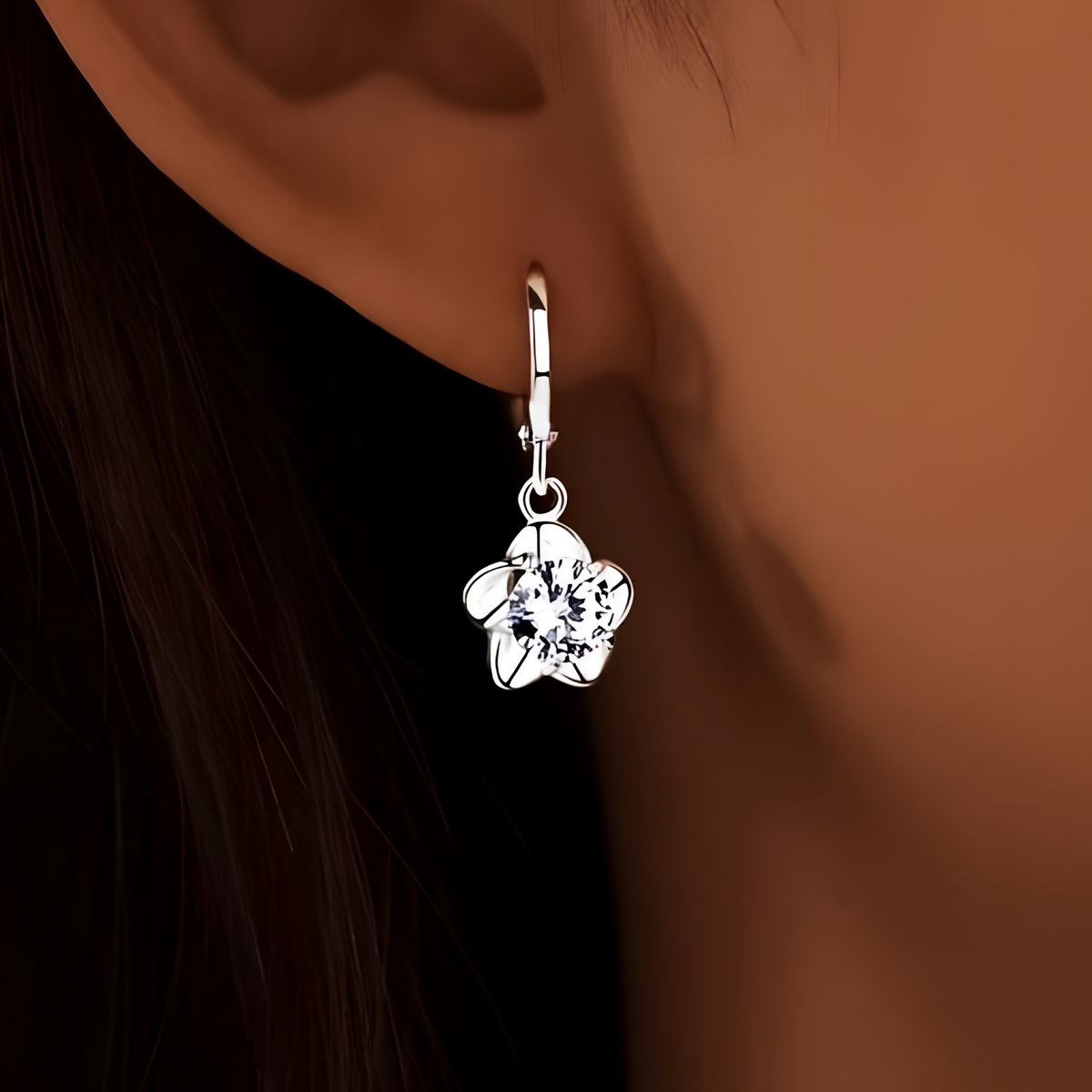 925 Sterling Silver Flower Drop Earrings Women Platinum-Plated Hoop Design 819