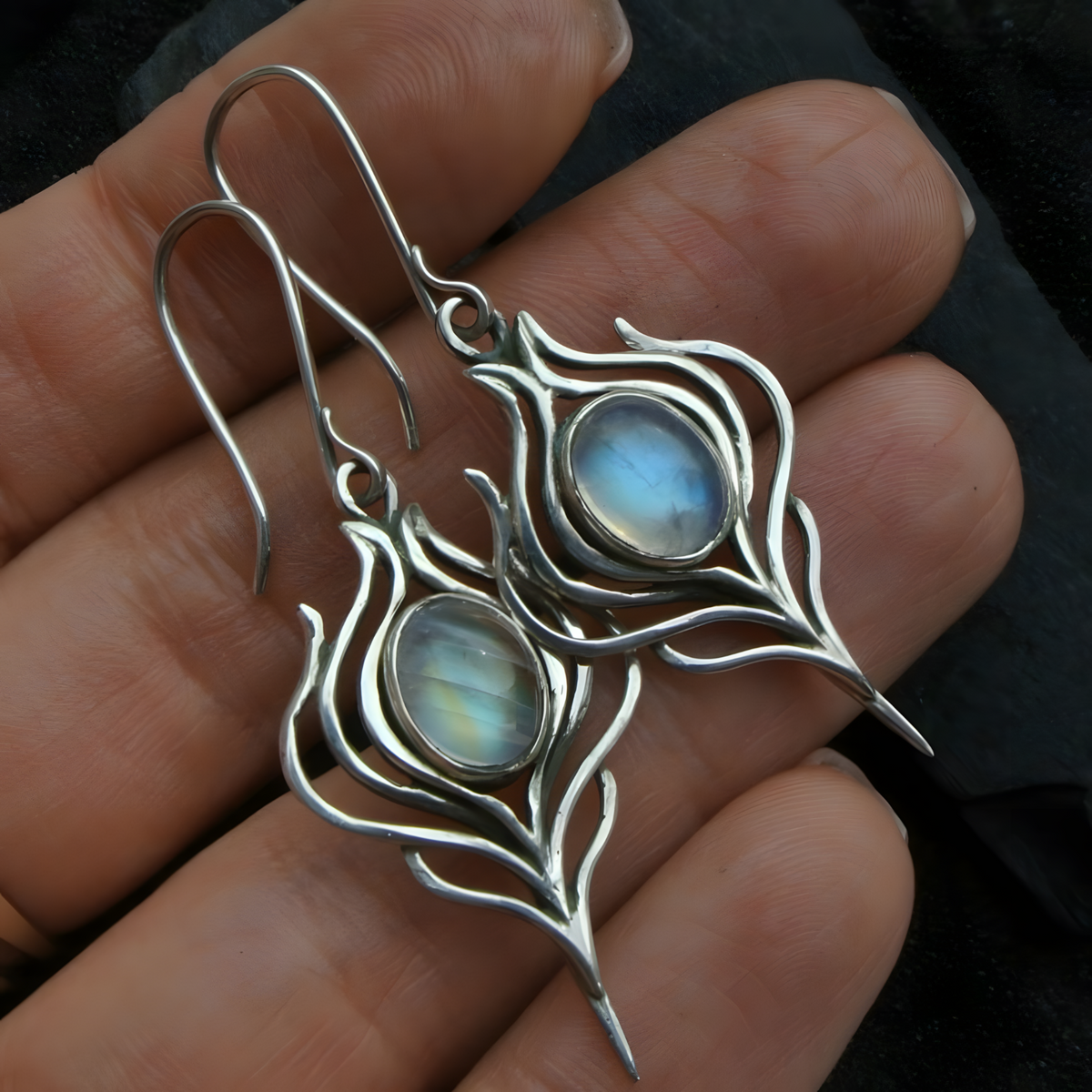 Blue Oval Stone Look Drop Earrings For Women Silver Colour Hook Dangle 1753
