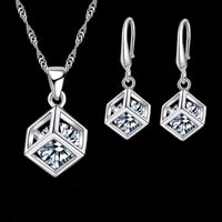 Sparkling Cube CZ Necklace & Earrings Set — Elegant Rope Chain Pendant 1307
