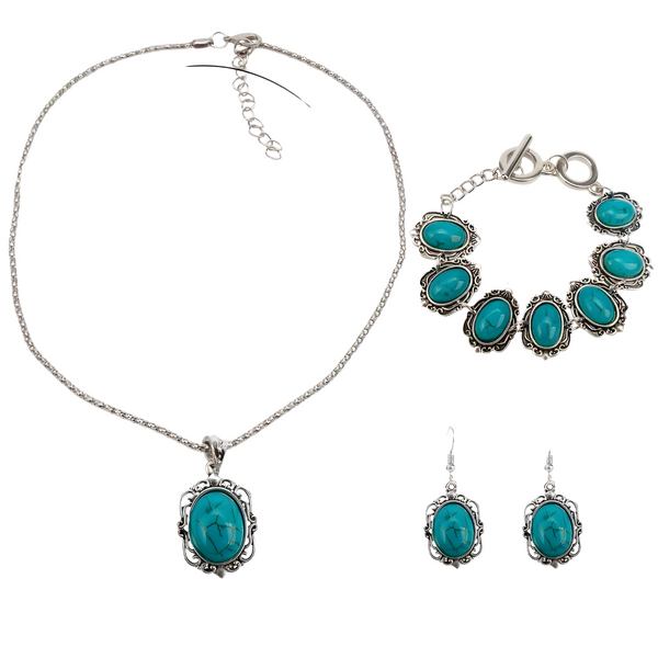 3-Piece Vintage Turquoise Jewellery Set Women – Classic Zinc Alloy Necklace 722