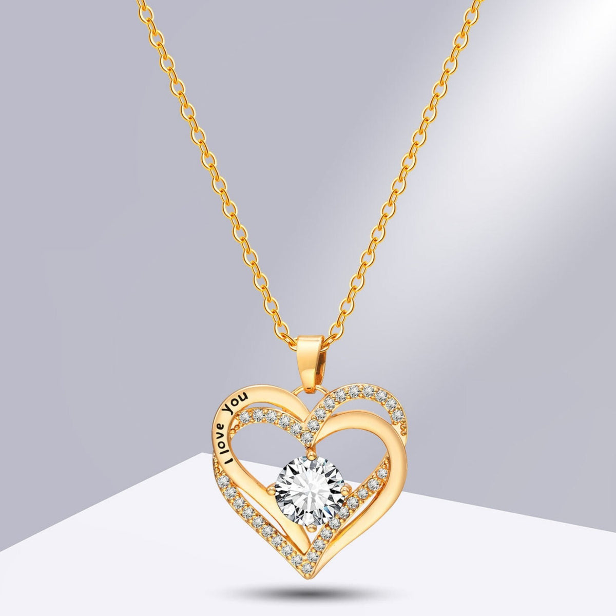 Gold Plated Heart Necklace Women Double Heart Pendant with AAA Cubic Zircon B4