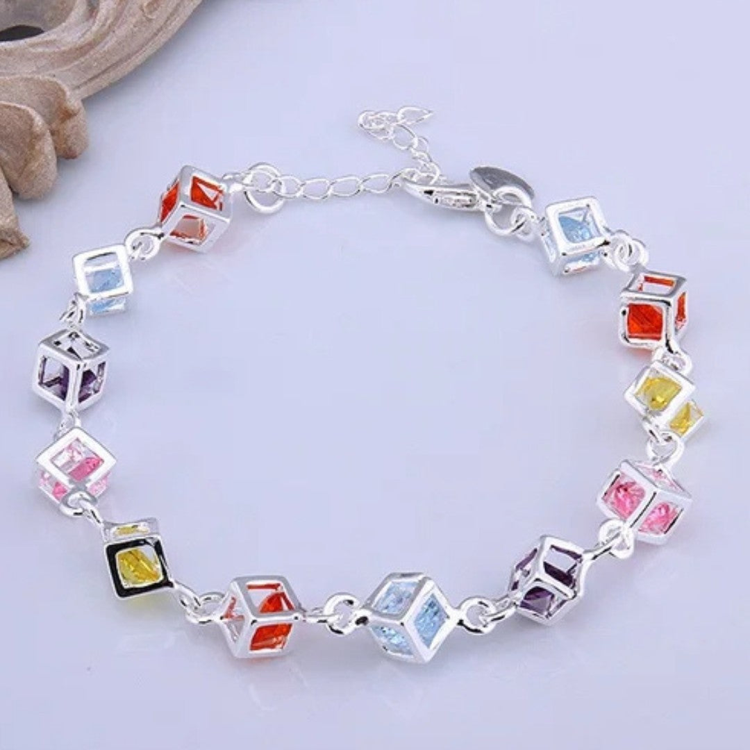 Silver Tone Cube Charm Bracelet with Colourful Rhinestone Crystals 417