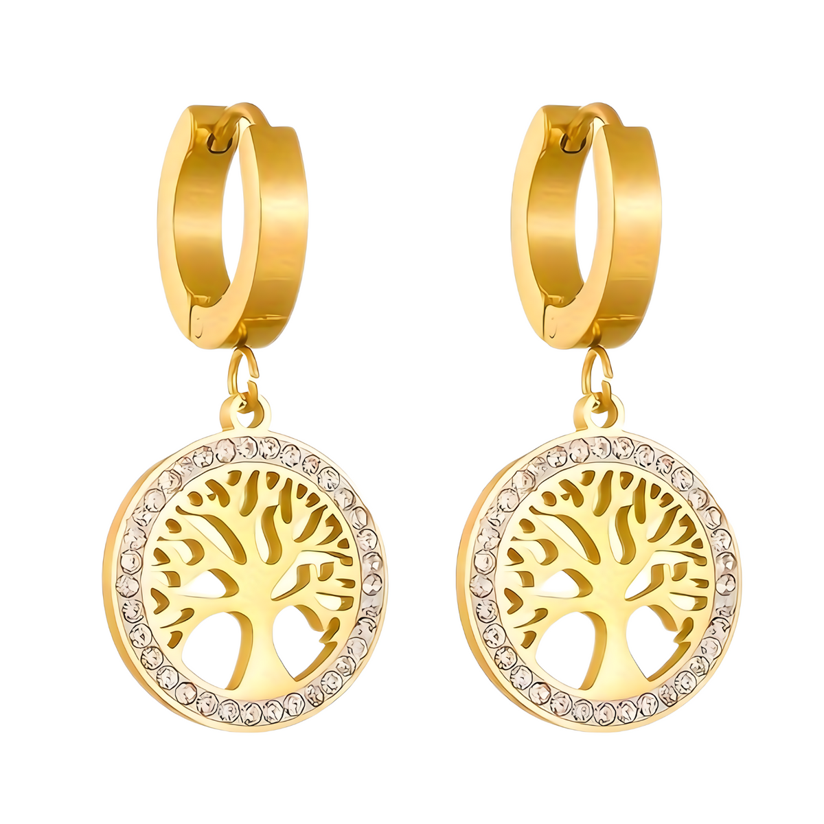 Tree of Life Drop Earrings – 18K Golden Plated Stainless-Steel Hoops 739