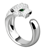 Leopard Head Open Adjustable Ring For Women Silver Colour Green Eye Animal 1755