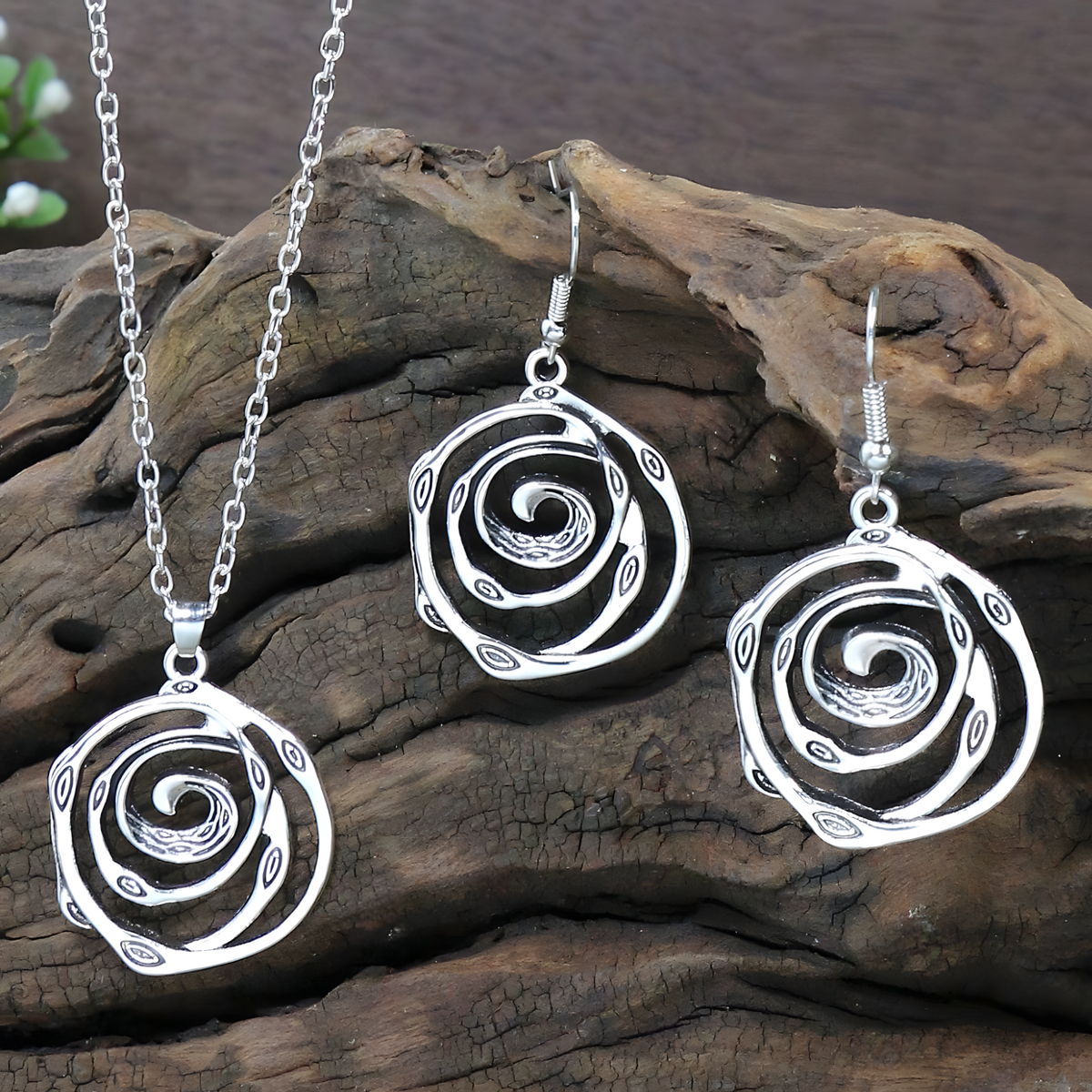 Spiral Rose Jewellery Set Women, Antique Silver Tone Hollow Floral Pendant 1716