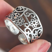 925 Sterling Silver Floral Adjustable Ring, Wide Openwork Flower Statement 1883