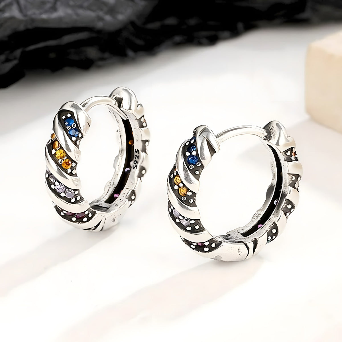Sterling Silver Hoop Earrings with Multi-Color Cubic Zirconia Huggie Hoops 344