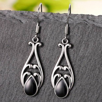 925 Sterling Silver Vintage Teardrop Filigree Dangle Earring with Black Onyx 153