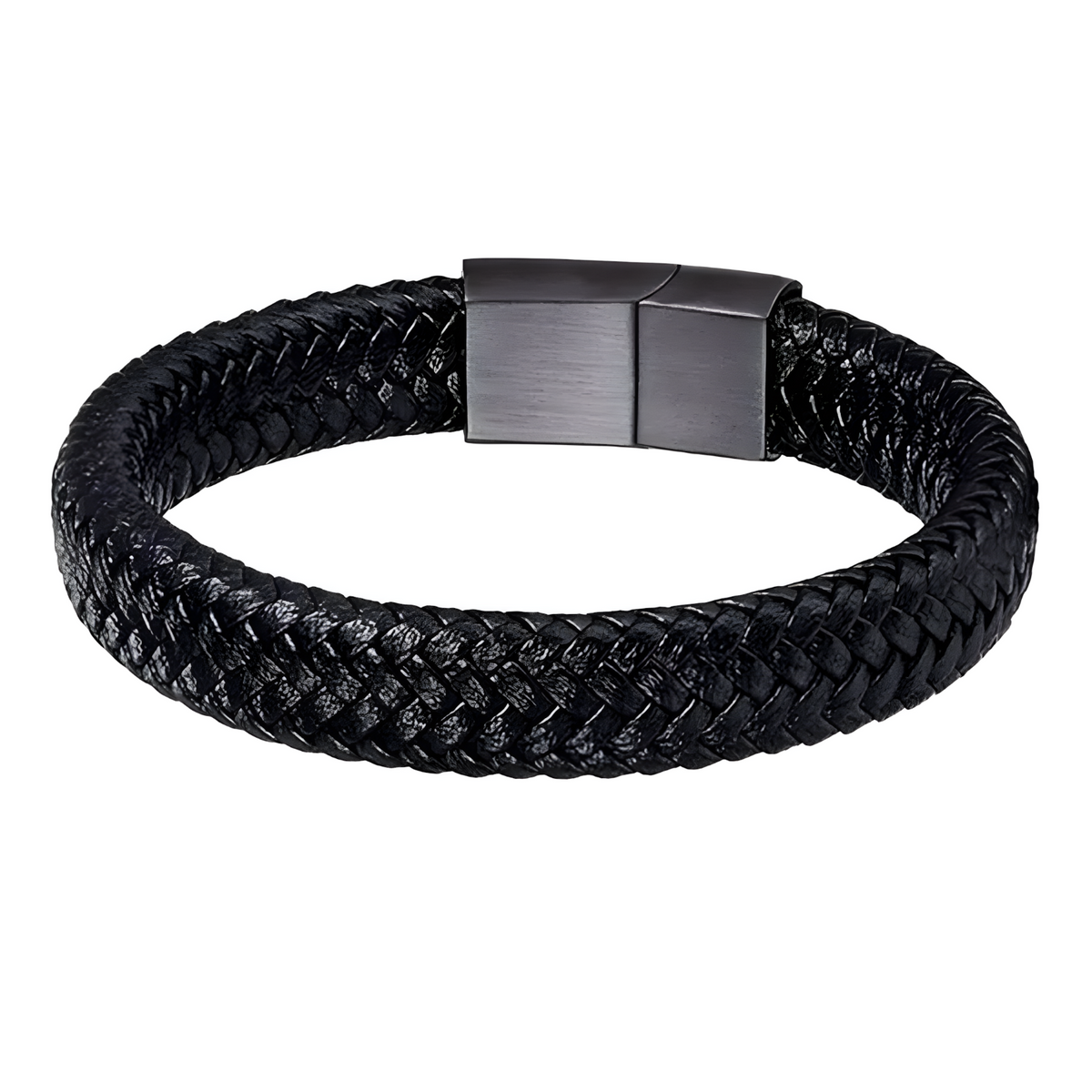 Men's Black Braided Leather Bracelet with Zinc Alloy Magnetic Clasp 446