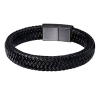 Men's Black Braided Leather Bracelet with Zinc Alloy Magnetic Clasp 446