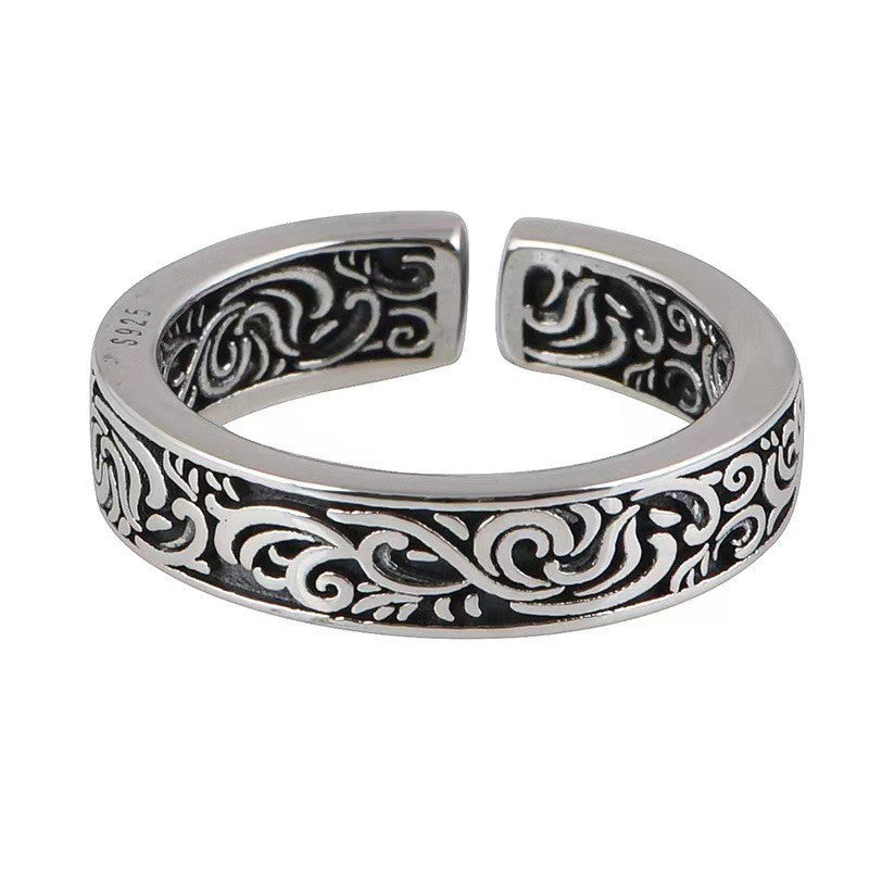 925 Sterling Silver Adjustable Vintage Scroll Band Ring, Engraved Pattern 1884