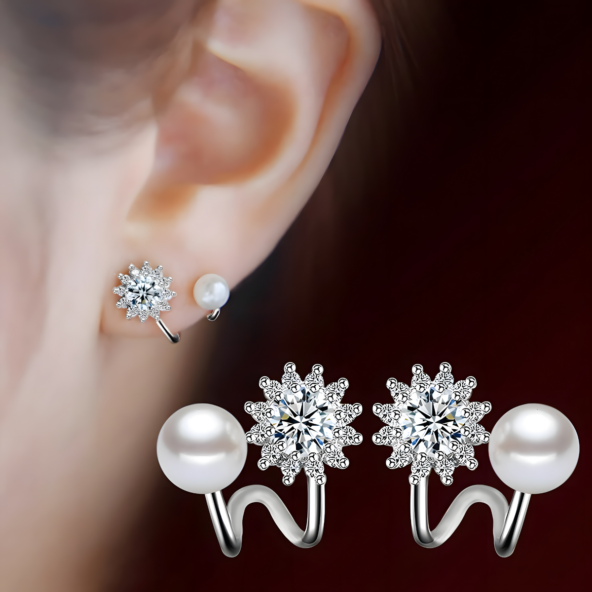 925 Sterling Silver Snowflake Stud Earrings with Pearl Accents, Sparkling CZ 326