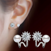 925 Sterling Silver Snowflake Stud Earrings with Pearl Accents, Sparkling CZ 326