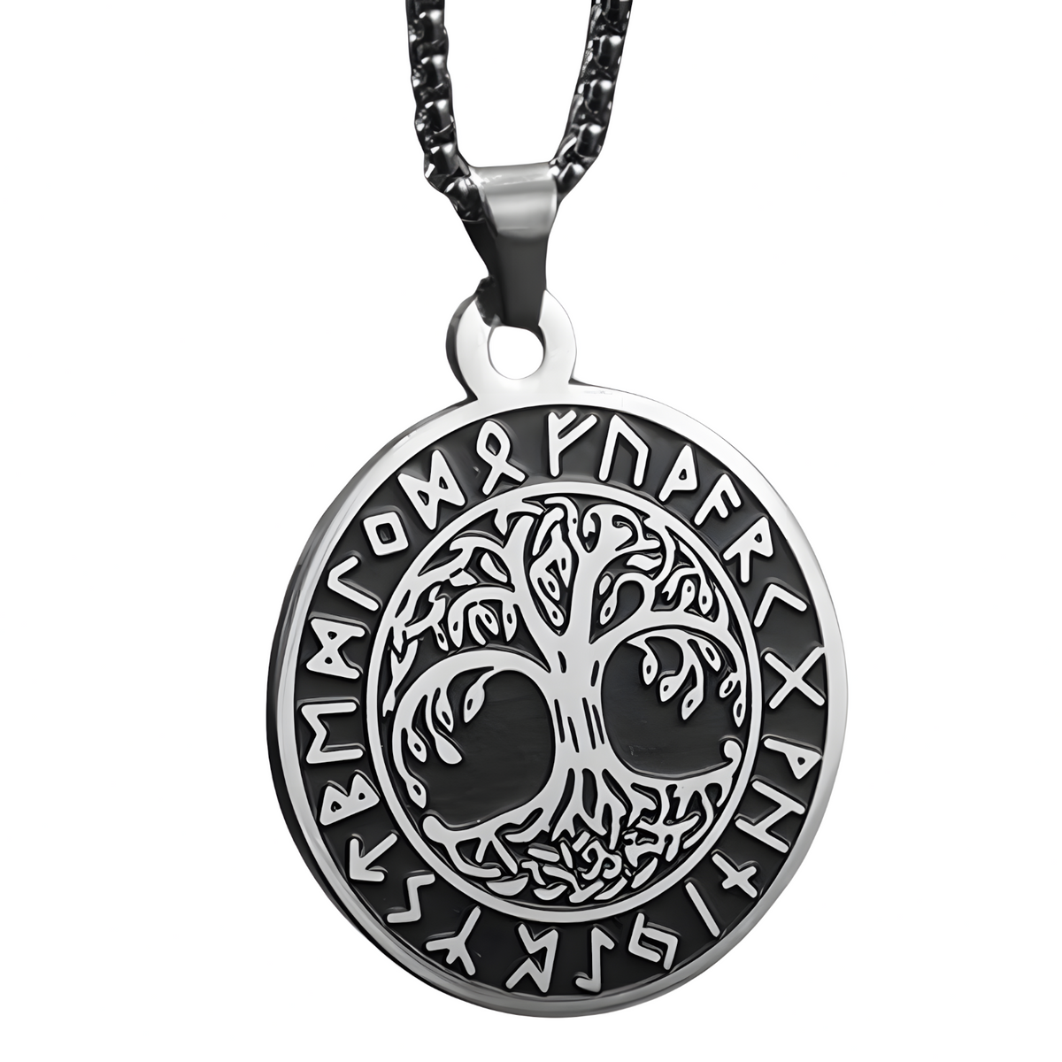 Viking Tree of Life Pendant Necklace for Men-Stainless Steel Nordic Circle- 1066