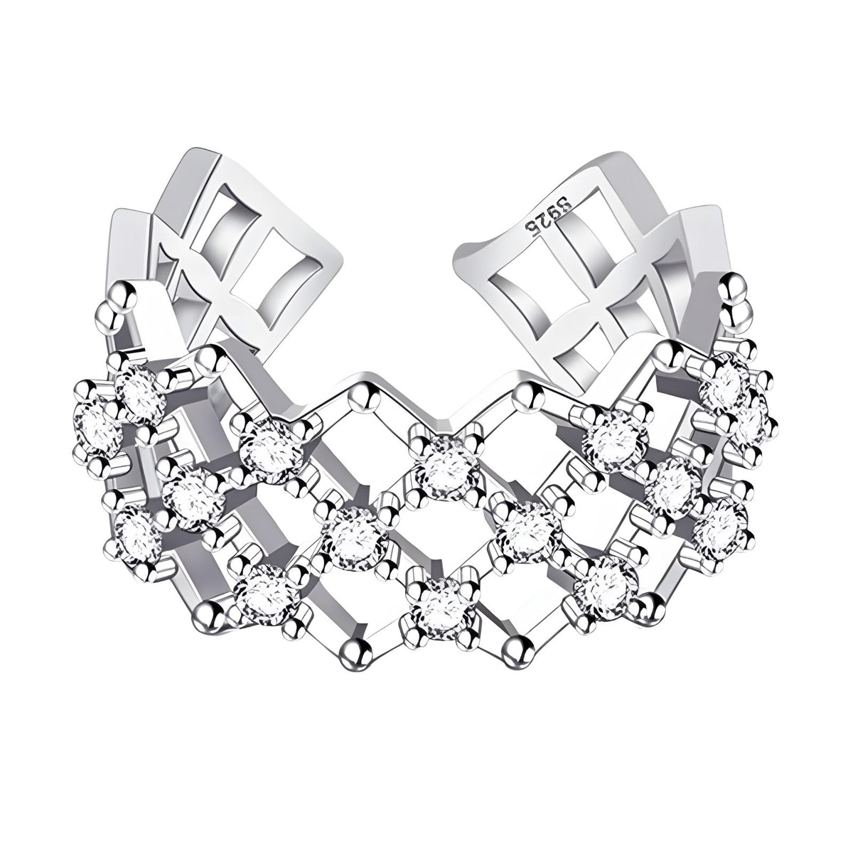 925 Sterling Silver Adjustable Geometric Ring with AAA Cubic Zirconia 382