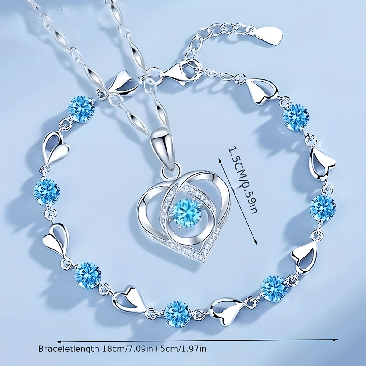 2-Piece Heart Necklace and Blue Crystal Bracelet Set for Women Copper Alloy 1154