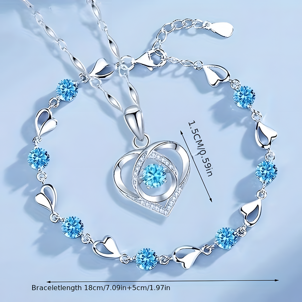2-Piece Heart Necklace and Blue Crystal Bracelet Set for Women Copper Alloy 1154