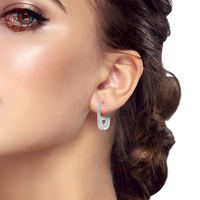 Silver Plated Heart Cutout Safety Pin Huggie Hoop Earrings, Pave CZ Diamond 634