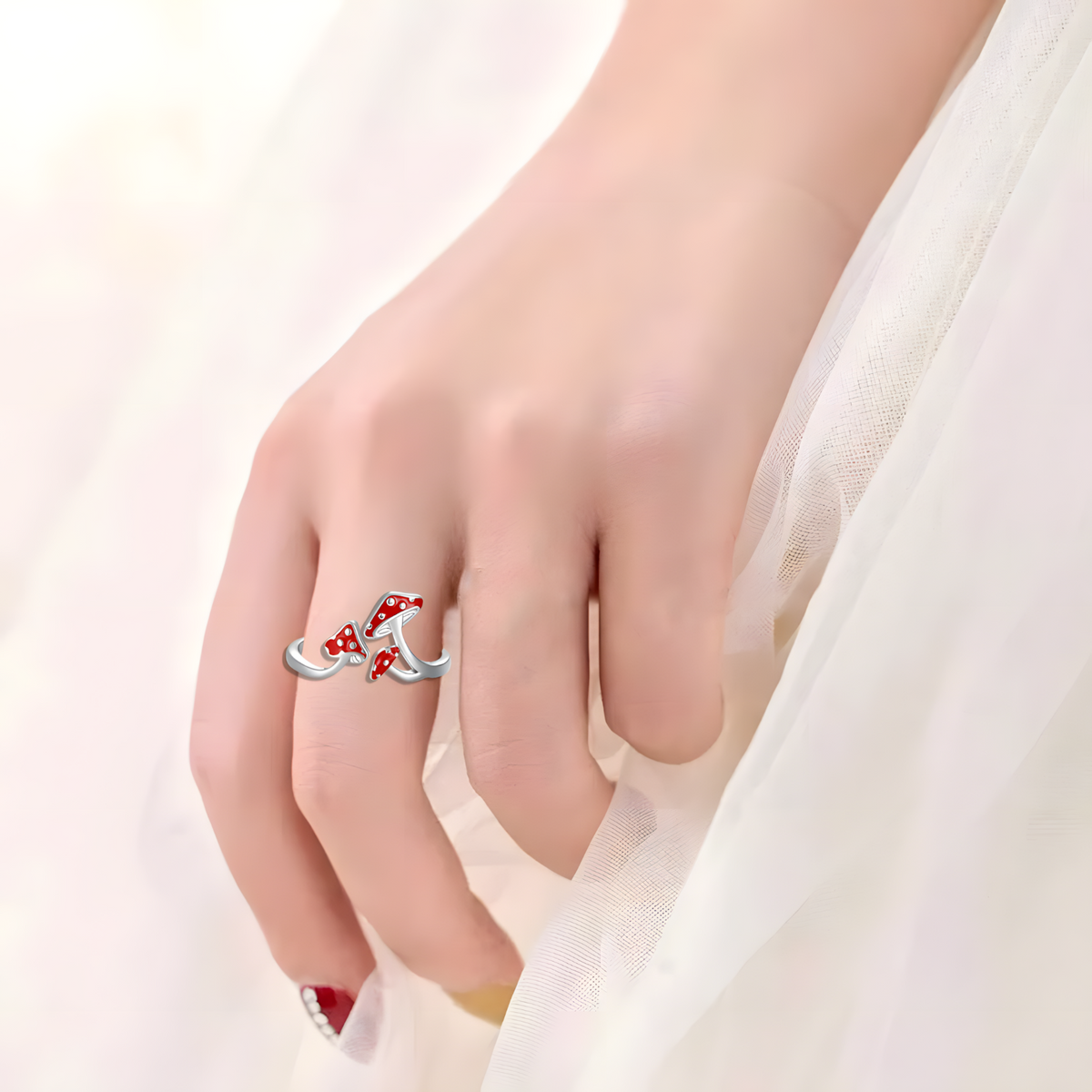 Red Mushroom Ring with Adjustable Opening Neutral Enamel Drip Oil Copper 491