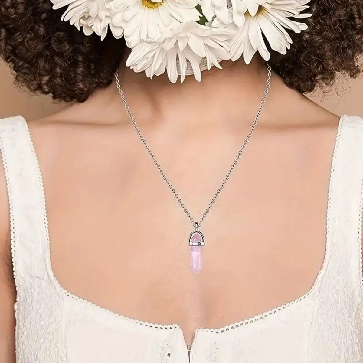 Natural Rose Quartz Necklace Set 3 Piece Healing Crystal Pendant Set Silver 1469